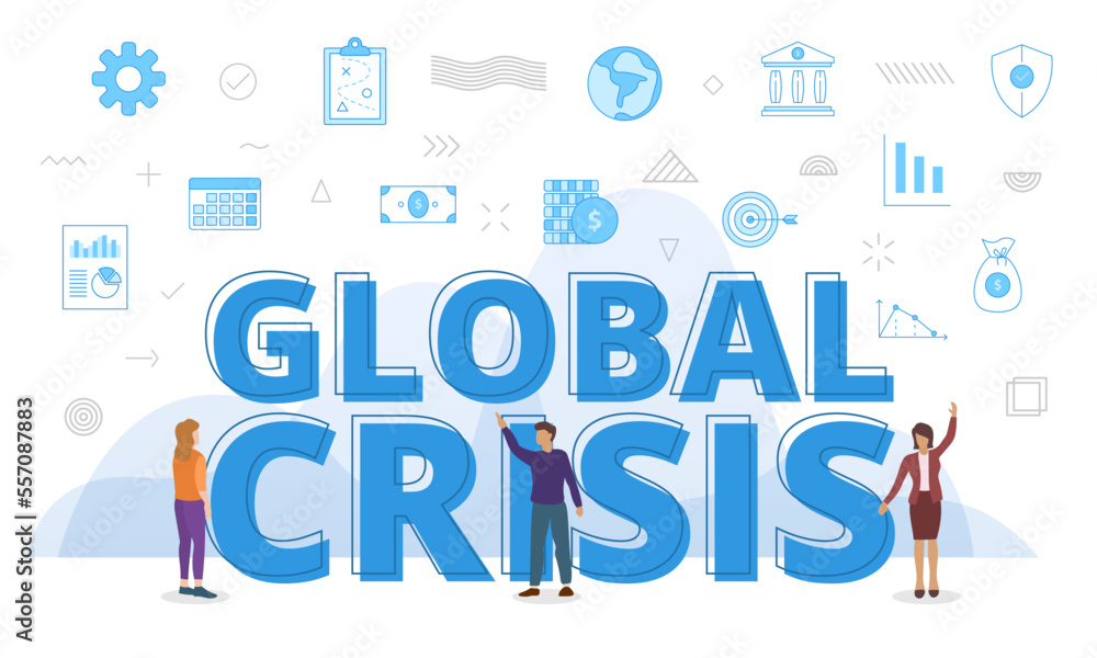global crisis concept with big words and people surrounded by related icon spreading with blue color global crisis concept with big words and people surrounded by related icon spreading with blue color