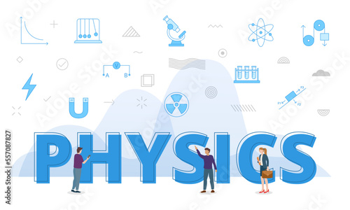 physics concept with big words and people surrounded by related icon spreading with blue color