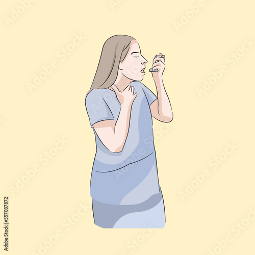 Woman using inhaler to treat Asthma symptom hard to breath in medication as doctor instructed