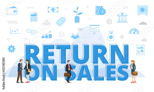 return on sales ros concept with big words and people surrounded by related icon spreading with blue color