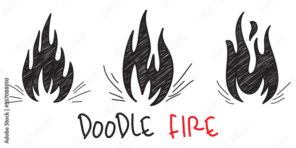 Hand drawn fire icons. Fire Flames Icons Vector. Hand Drawn Doodle Sketch Fire, Black and White
