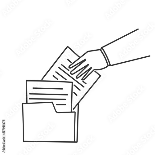 hand drawn doodle hand put the paper document in manila folder illustration