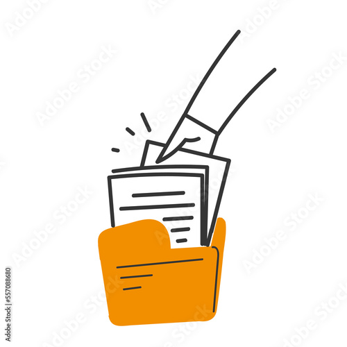 hand drawn doodle hand put the paper document in manila folder illustration