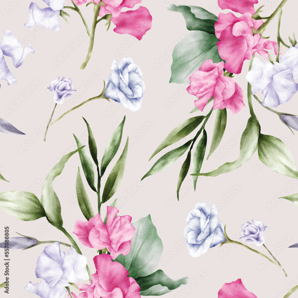 watercolor flower and leaves seamless pattern