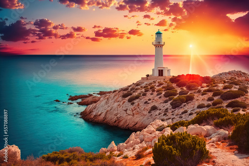 Colorful morning scene of Sardinia, Italy, Europe. Fantastic sunrise on Capo San Marco Lighthouse on Del Sinis peninsula. Picturesque seascape of Mediterranean sea. Digital artwork 