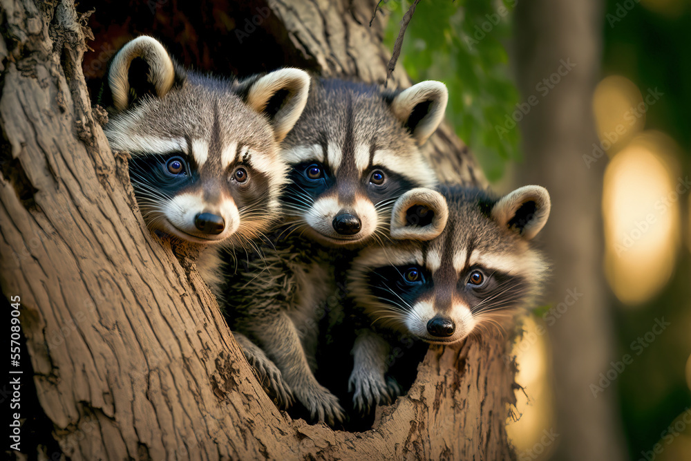 Multiple Raccoons Three young raccoons scrambling over each other to peer out a hole in a ...