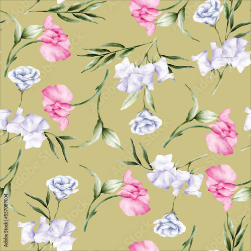 watercolor flower and leaves seamless pattern © mariadeta