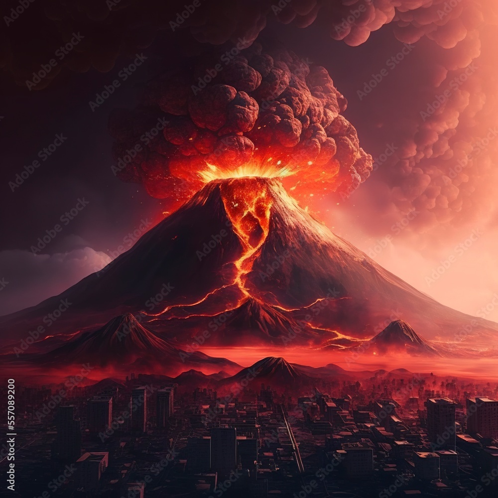 volcano erupting, magma falling from sky, destroying city below it