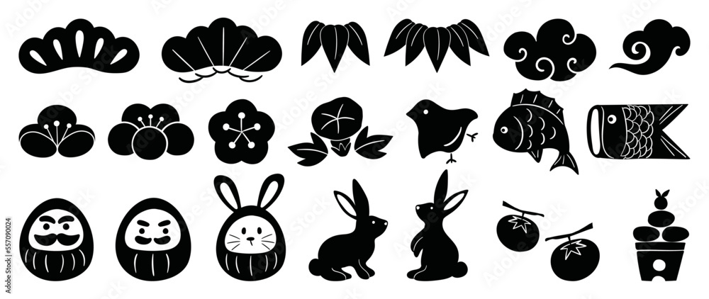 Fototapeta premium Happy new year element japanese year of the rabbit vector set. Hand drawn doodle japanese ornament, rabbit, flowers, clouds, persimmon fruits, bird, koi fish, daruma. Design for sticker, stamp, card.