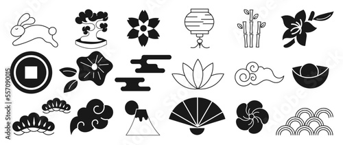 Happy new year element japanese year of the rabbit vector set. Hand drawn doodle rabbit, bonsai, fuji, fan, flowers, bamboo, clouds, lantern, japanese pattern, coin. Design for sticker, stamp, card.