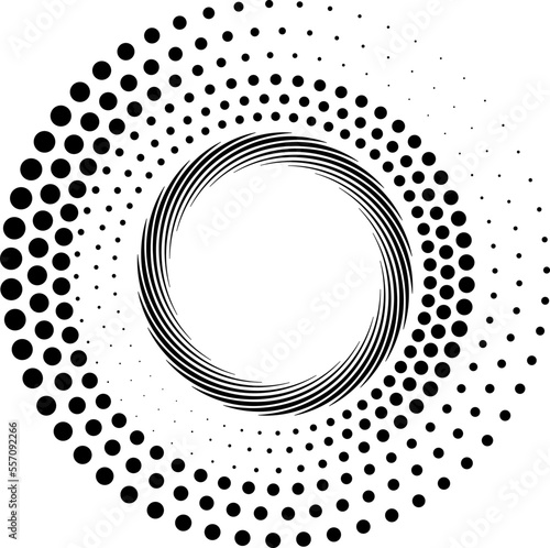Black halftone dots and lines in circle form. Geometric art. Design element for border frame, round logo, blackout tattoo, sign, symbol, web pages, prints, template, pattern and abstract backgroun