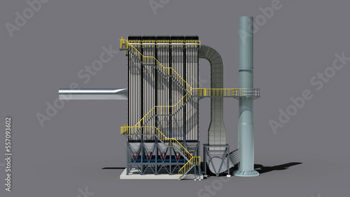 Industrial dust removal system. Bag filter systems remove dust before it leaves the chimney.	
