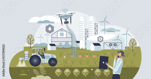 Future farm with autonomous robot agriculture monitoring tiny person concept. Smart and effective field harvesting, watering and soil control with drones and high technology usage vector illustration