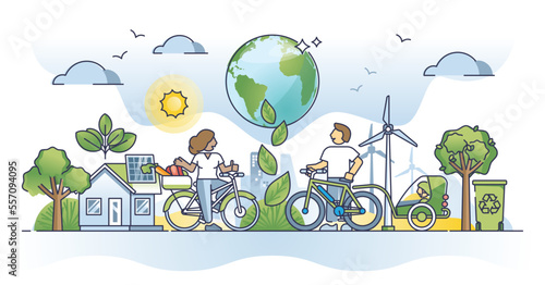 Sustainable lifestyle with ecological and organic community outline concept. Environmental and nature friendly ecosystem with vegan society that saves electricity and resources vector illustration.