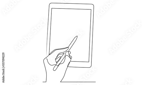 Fotografie, Tablou Continuous line of hand with stylus pen writing on tablet