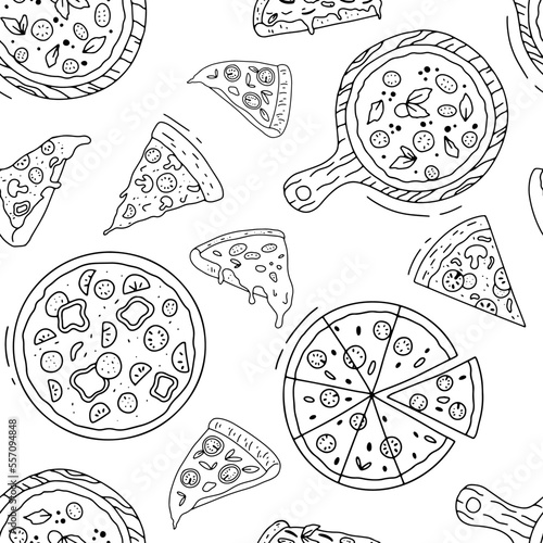 Pizza doodle seamless pattern. Vector outline sketch on white