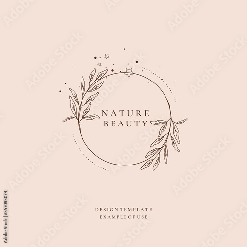 Minimalist floral line art leaves logo template. Botanic outline hand drawn branch, twig monogram design. Wedding pencil sketch elegant botanical logo greenery vector illustration