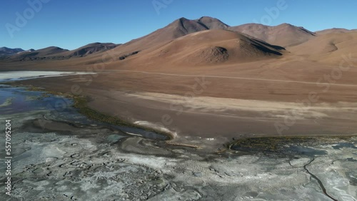 Aerial View Above Red Salt Lake Laguna Colorada Natural Lagoon, Bolivian Andes, Cinematic Andean Wetland, Bofedales photo