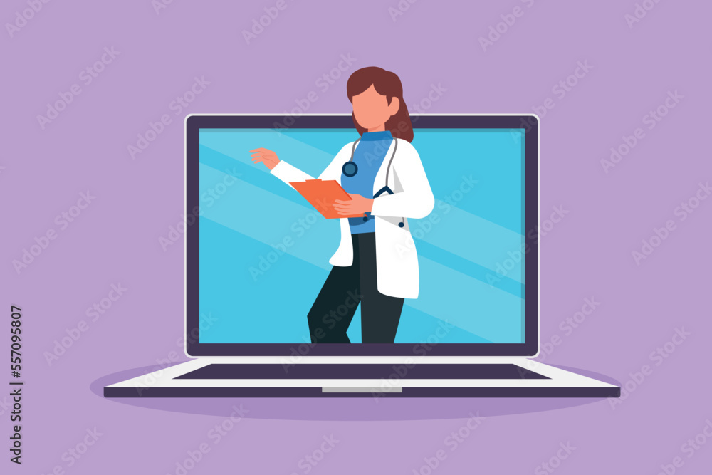Cartoon flat style drawing female doctor comes out of laptop computer screen holding clipboard. Online medical app service. Digital healthcare consultation metaphor. Graphic design vector illustration Cartoon flat style drawing female doctor comes out of laptop computer screen holding clipboard. Online medical app service. Digital healthcare consultation metaphor. Graphic design vector illustration
