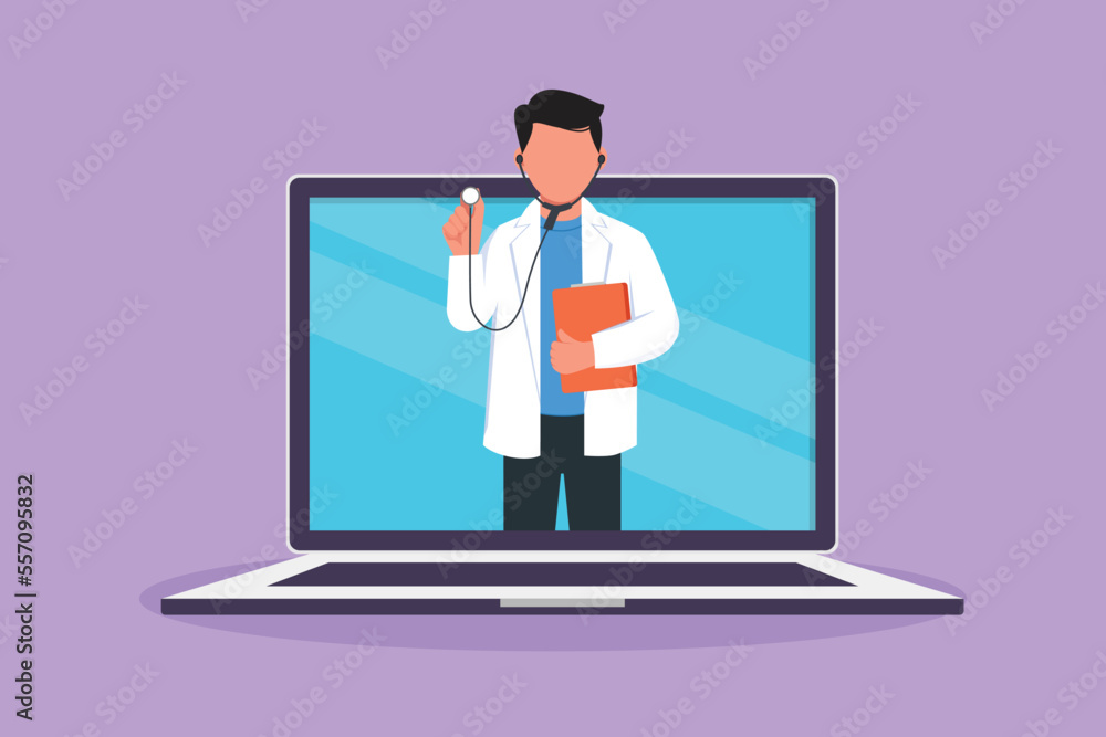 Cartoon flat style drawing female doctor comes out of laptop computer screen holding stethoscope. Online medical services. Digital healthcare consultation concept. Graphic design vector illustration
