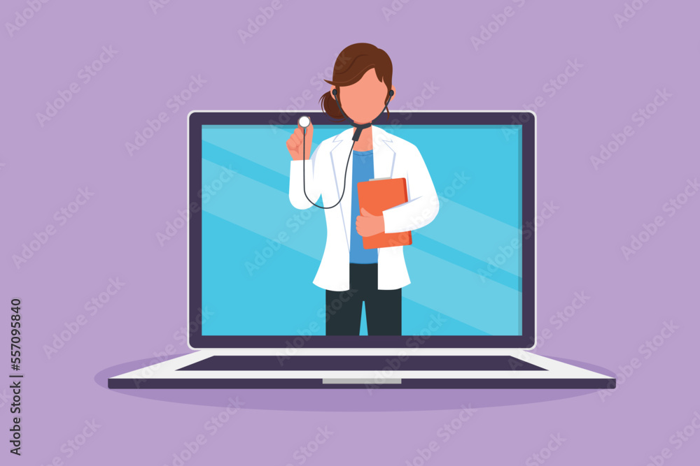 Graphic flat design drawing female doctor comes out of laptop computer screen holding stethoscope. Online medical services. Digital healthcare consultation concept. Cartoon style vector illustration Graphic flat design drawing female doctor comes out of laptop computer screen holding stethoscope. Online medical services. Digital healthcare consultation concept. Cartoon style vector illustration