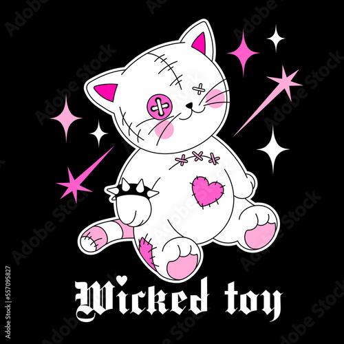 Glam y2k teddy toy kitten with goth slogan "Wicked toy". Weird gothic 00's sticker, rock black and punk pink colors. Emo teen girly print. Cute smile cat with seams, patches.