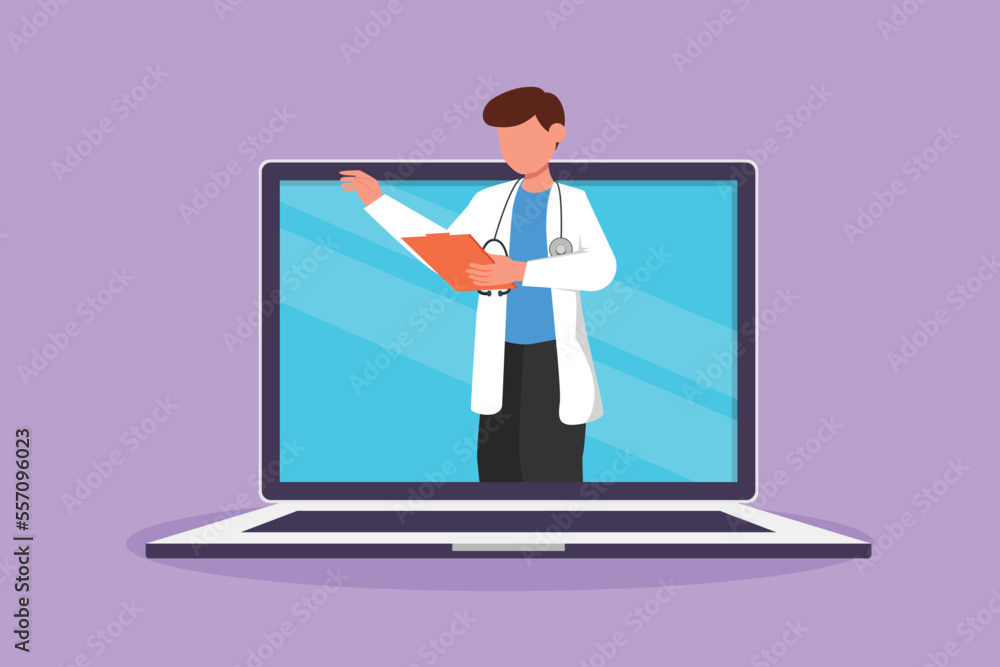 Graphic flat design drawing male doctor comes out of laptop computer screen holding clipboard. Online medical app service. Digital healthcare consultation metaphor. Cartoon style vector illustration Graphic flat design drawing male doctor comes out of laptop computer screen holding clipboard. Online medical app service. Digital healthcare consultation metaphor. Cartoon style vector illustration