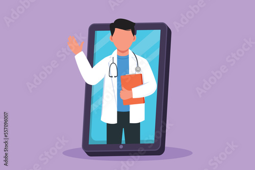 Graphic flat design drawing young male doctor comes out of smartphone screen holding clipboard. Online medical app services. Digital healthcare consultation metaphor. Cartoon style vector illustration