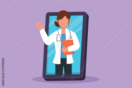 Cartoon flat style drawing smart female doctor come out of smartphone screen holding clipboard. Online medical app service. Digital healthcare consultation metaphor. Graphic design vector illustration