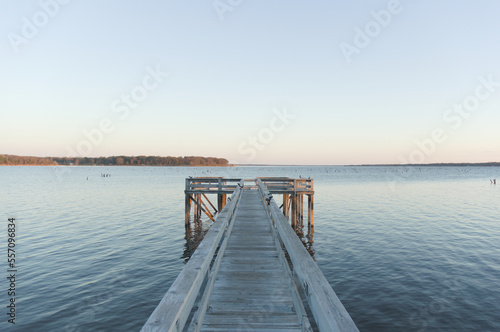 dock on lake cold winter morning