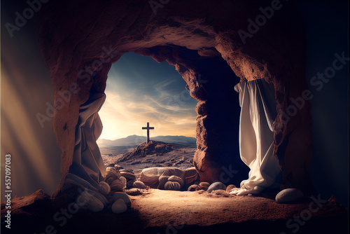 Empty tomb and crucifixion at sunrise with white robe pinned on the wall - Resurrection of Jesus Christ, easter, cross, Made by AI, Artificial intelligence