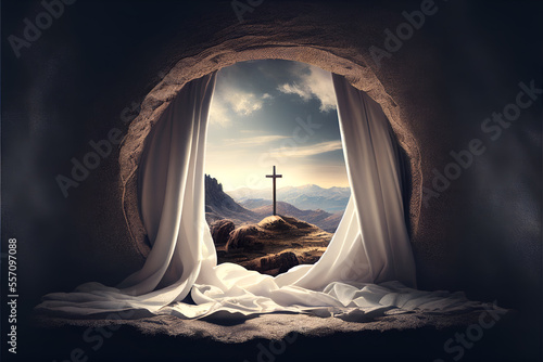 Empty Tomb and Crucifixion at Sunrise with White Robe - Resurrection of Jesus Christ, Easter, Cross, Made by AI, Artificial intelligence
