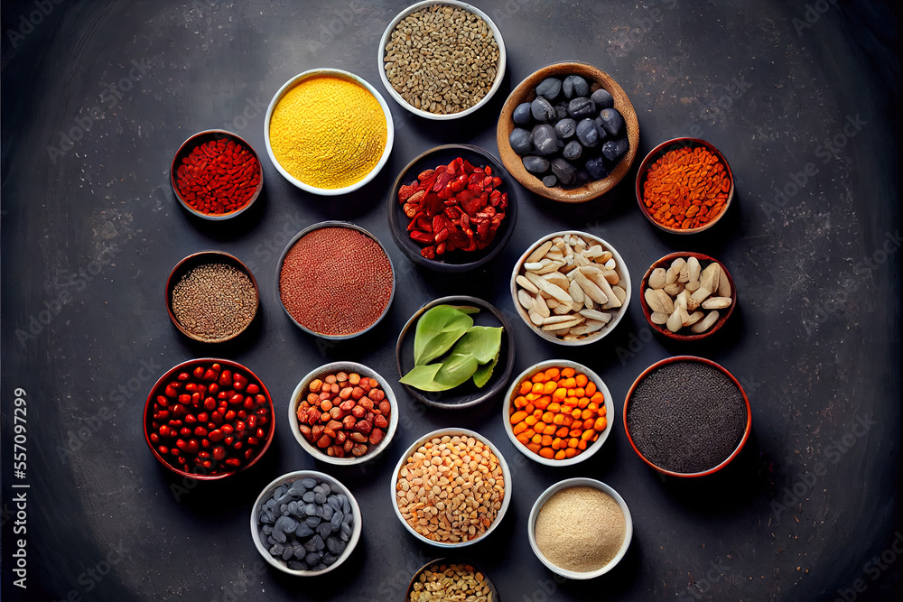 Superfoods and cereals selection in bowls Superfoods and cereals selection in bowls