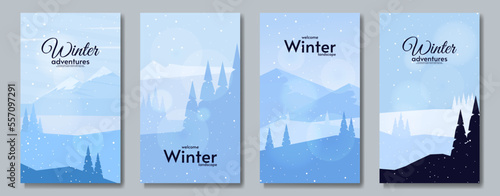 Winter season illustration. Hills with forest and mountains on background. Design for poster, brochure, postcard, touristic card.