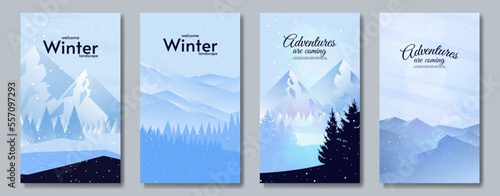 Set of winter illustrations. Hills with mountains. Snowfall. Blue sky. Design for cover, poster, brochure.