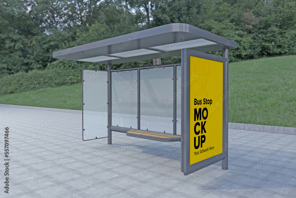 Naklejka premium Bus Stop Billboard Bus Shelter Sinage Mockup 3d rendering