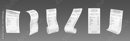 Realistic set of receipt paper templates isolated on grey background. Vector illustration of payment confirmation document mockup from shop, restaurant, bank. Rolled, side and front view of bill