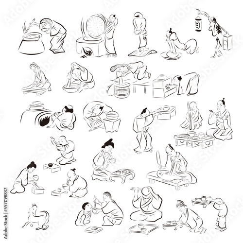 飯屋店で働く人たちと、食事を食べる人の可愛いイラスト　
A cute illustration of people who work at a Japanese restaurant and people who eat.