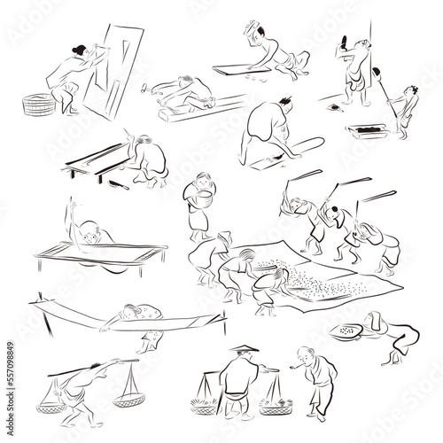 昔の人々の仕事風景の可愛いイラスト　A cute illustration of the work scenery of people in the old days.