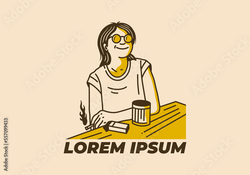 Illustration drawing of a woman holding cigarette