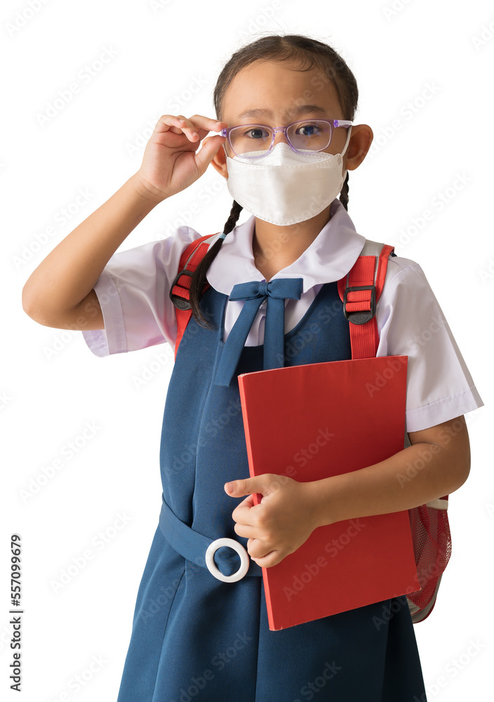 Asian school girl in uniform wear medical face mask, With backpack and holding book Asian school girl in uniform wear medical face mask, With backpack and holding book