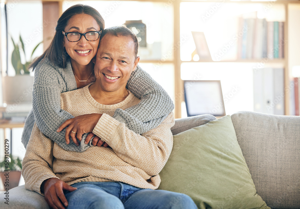 House, relax or mature couple hug on a lovely, peaceful or calm holiday vacation or weekend in Lisbon, Portugal. Portrait, support or happy woman enjoying quality bonding time with a senior partner - obrazy, fototapety, plakaty 