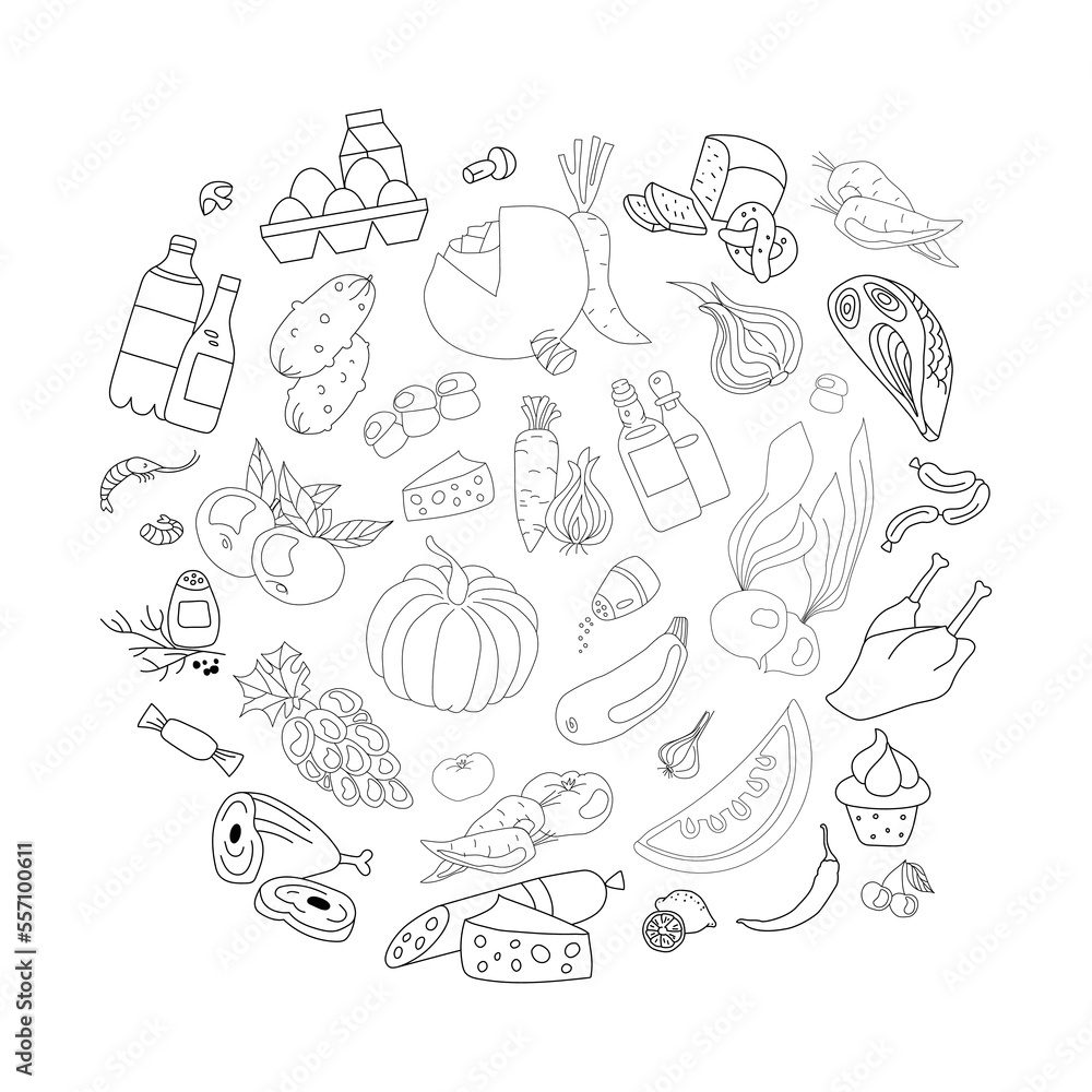 Hand drawn vector illustration with different food items