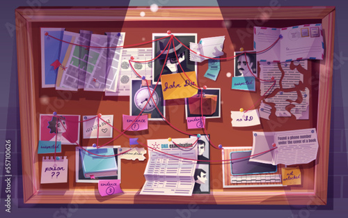 Detective board for crime investigation with evidence, police office. Newspaper cutouts, suspect and victim photos, fingerprints, map, dna test result, pins and strings. Cartoon vector illustration