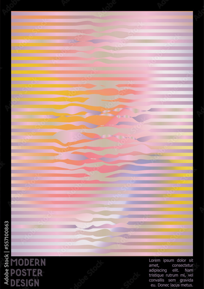 Naklejka premium Geometrical Poster Design with Optical Illusion Effect. Minimal Psychedelic Cover Page Collection. Colorful Wave Lines Background. Fluid Stripes Art. Swiss Design. Vector Illustration for Placard.