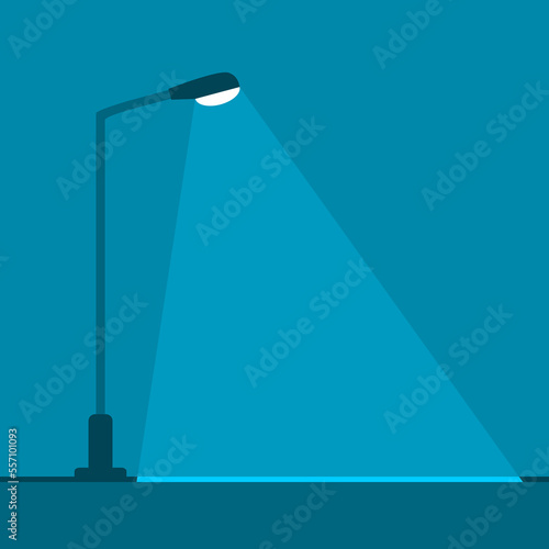 Electric streetlight lamp pole illumination at night time in the park on dark blue background flat icon vector design.