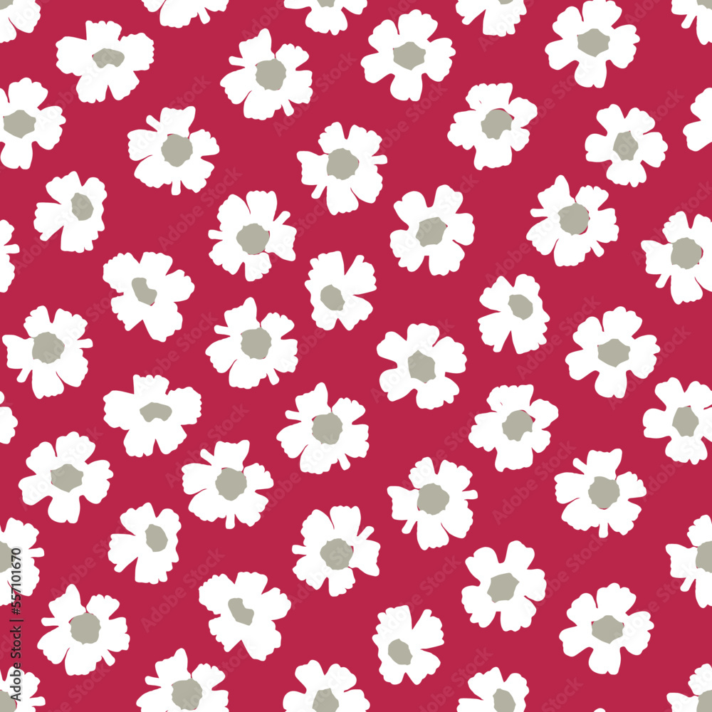 Seamless pattern with hand drawn meadow flowers in Ditzy style. Stylish illustrations on color 2023 magenta for surface design and other design projects