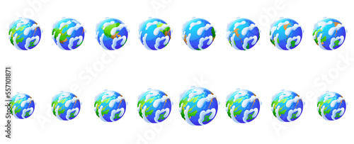 Earth globe rotation. Icons of world, planet from different views. Green and blue planet with white clouds turnaround set isolated on background, vector cartoon illustration