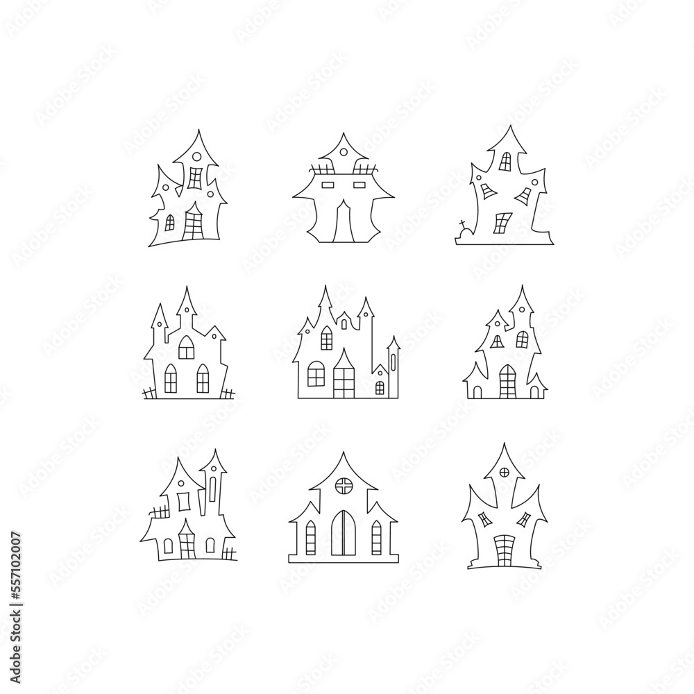 Haunted House collection. scary. Halloween house set isolated on white background. Halloween house set in flat style. Perfect for coloring book, textiles, icon, web, painting, books, t-shirt print.