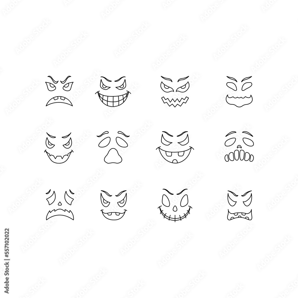 Scary and funny faces of Halloween pumpkin or ghost Vector collection. Face expression vector isolated on white background. Perfect for coloring book, textiles, icon, web, painting, books, t-shirt.
